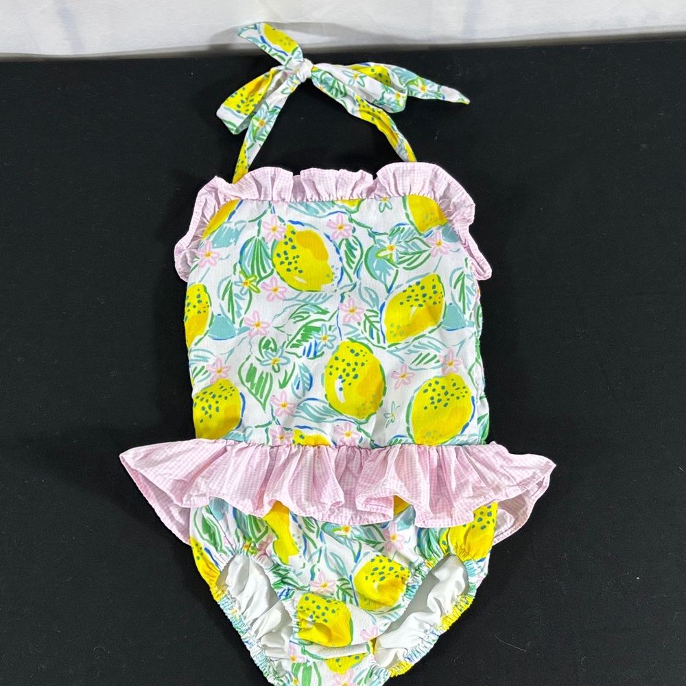 Girls' Lemon-Print Halter Ruffle One-Piece Swimsuit - Pink & Yellow